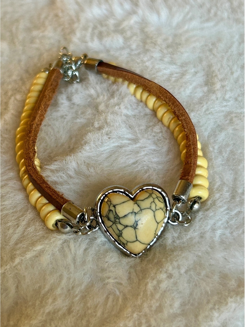 Heart Stone Charm Bracelet with Yellow Beads and Brown Suede Strap
